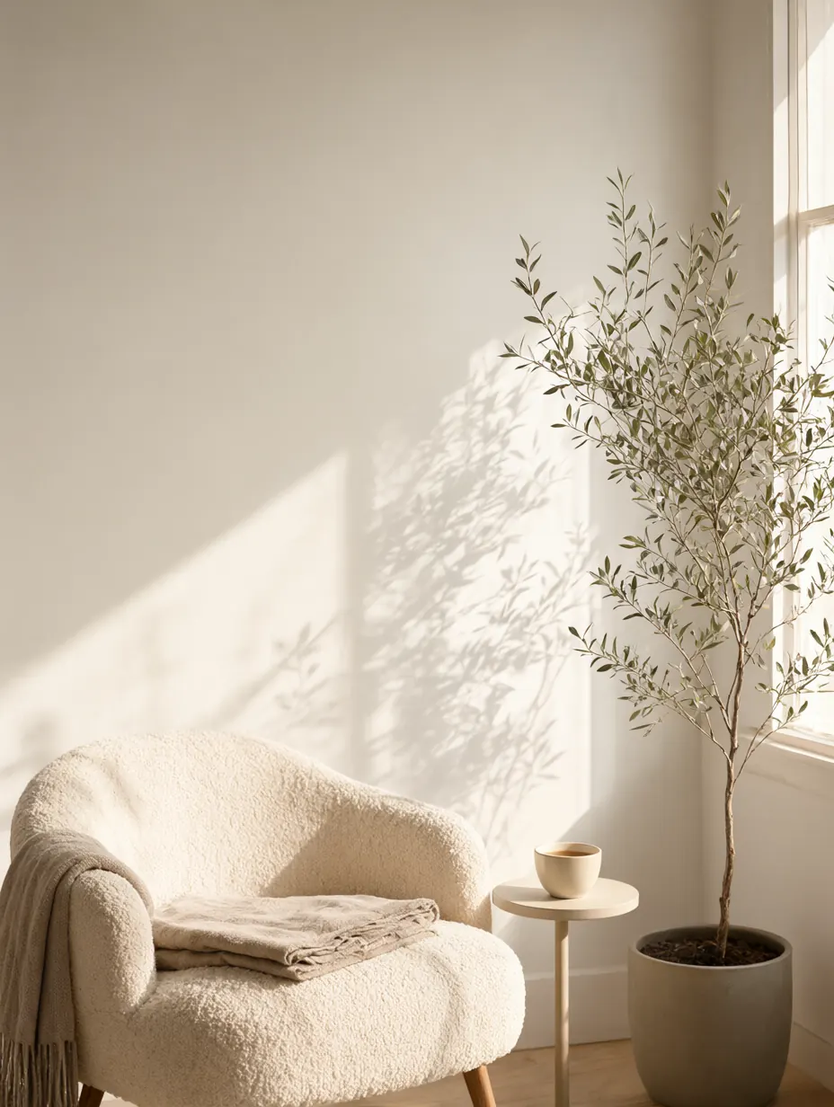 A sunlit corner with a cream armchair, a cup of tea and a small olive tree, leaf shadows on the wall.